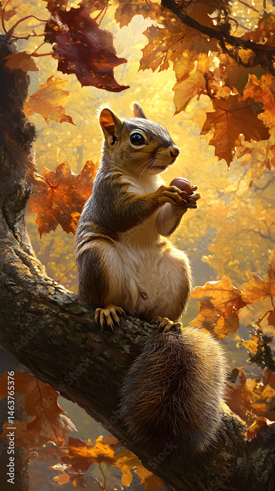 A Curious Squirrel with an Acorn in a Sunlit Autumn Canopy