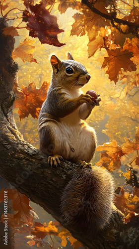 Obraz na płótnie A Curious Squirrel with an Acorn in a Sunlit Autumn Canopy w salonie