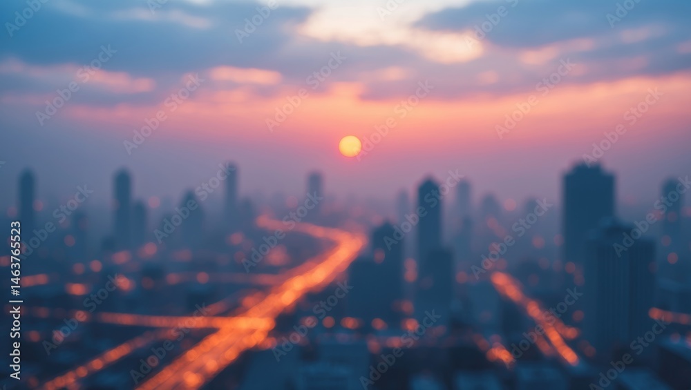 Fototapeta premium Abstract evening scene featuring sunset and cityscape with defocused sky