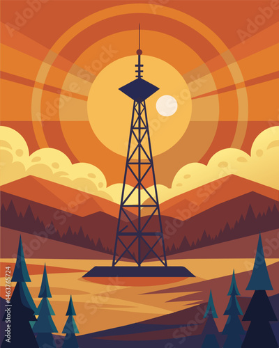 Set against a colorful sunset a telecommunication tower powered by solar energy stands as a symbol of progress and innovation in a rural area.. Vector illustration