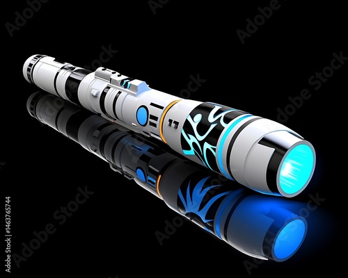 Futuristic, stylized device with glowing blue light