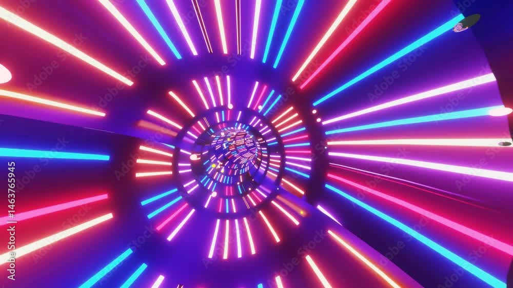 Abstract illustration background of a dark infinite tube-shaped tunnel with neon lights