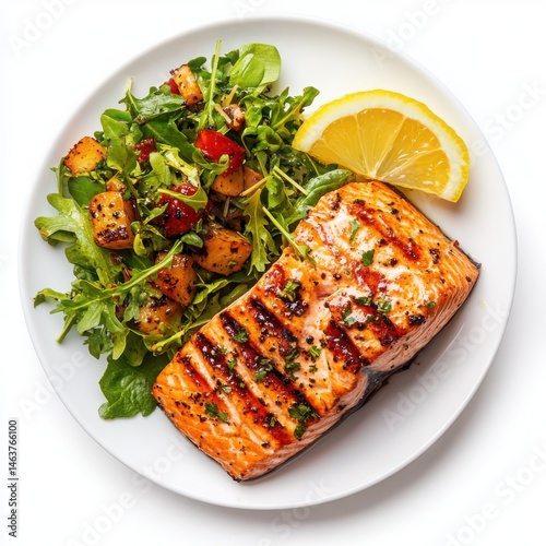 Grilled salmon with salad isolated on white background. for healthy eating and restaurant menus.