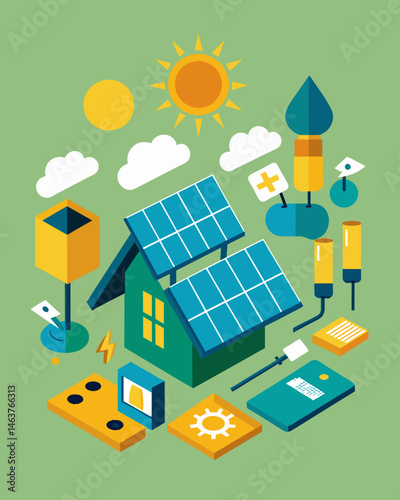 In a sustainable effort old solar panels are repurposed into new products such as insulation or building materials reducing waste.. Vector illustration