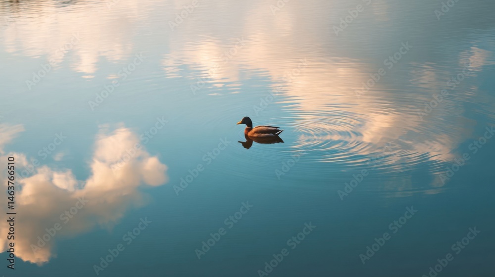 Fototapeta premium Serene Duck Swimming on Calm Water with Reflection of Clouds in Sky