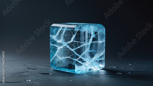 Rectangular ice cube with cracks, blue tone, isolated on background