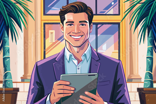 young businessman smiling while holding a digital tablet, dressed in formal attire, representing modern corporate professionalism, technology, and success. Ideal for business, tech, and workplace