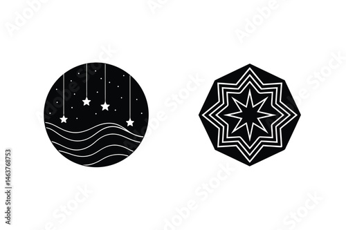 Artistic black and white celestial and geometric vector elements for decorative design