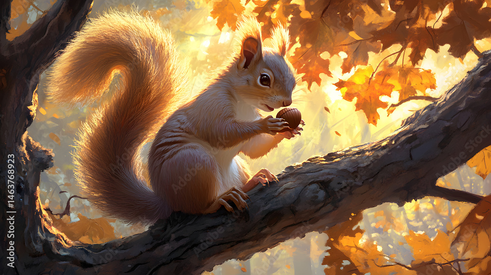 A Curious Squirrel with an Acorn in a Sunlit Autumn Canopy