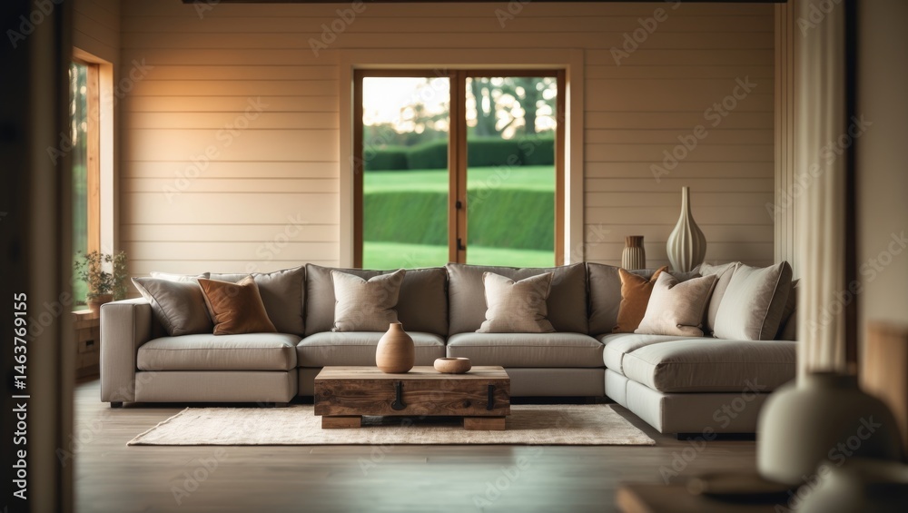 Fototapeta premium Elegant modern interior with shiplap walls, a large sectional sofa, and a warm color scheme perfect for family gatherings