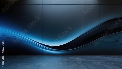 Modern clean diagonal background showcasing an abstract gradient light pattern in blue and black with metal texture on the floor and wall