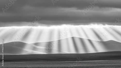 Crepuscular rays over rolling hills, dramatic sky, nature landscape, serene background, perfect for travel brochures