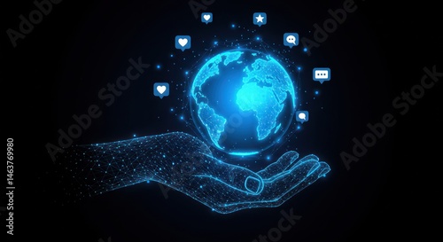 Digital hand holding a glowing earth globe surrounded by small light squares.