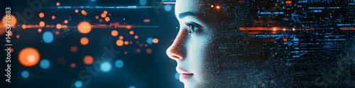 Humanoid tech futuristic female face with neural network digital brain processing big data. Face of cyber mind. Technology artificial intelligence concept with head with binary concept. Generative AI