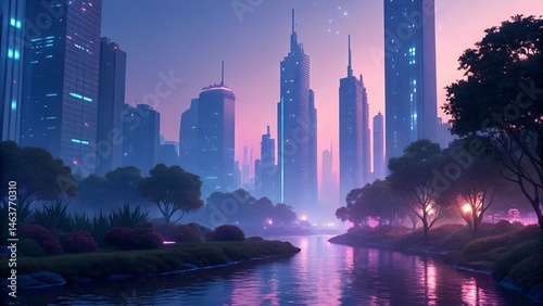 Futuristic Neon Cityscape Over River with Urban Park at Dusk