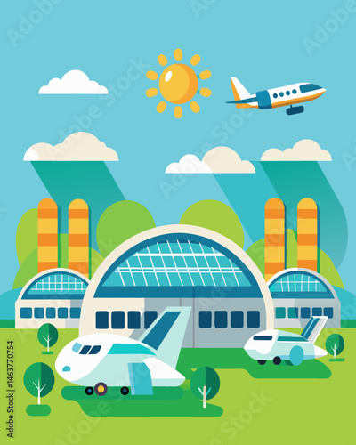 The hangars at this ecofriendly airport are taking off into the future equipped with solar panels to power their operations.. Vector illustration