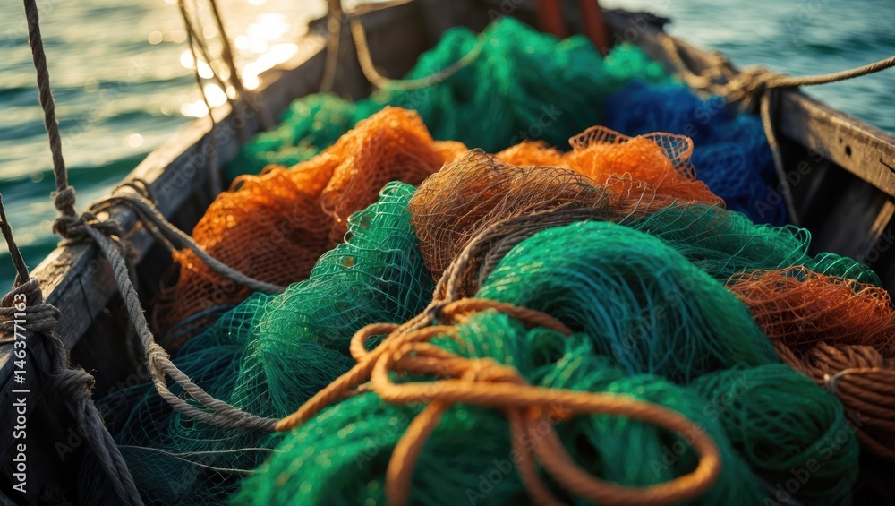Green, orange, and blue nets used for fishing Green, orange, and blue nets used for fishing