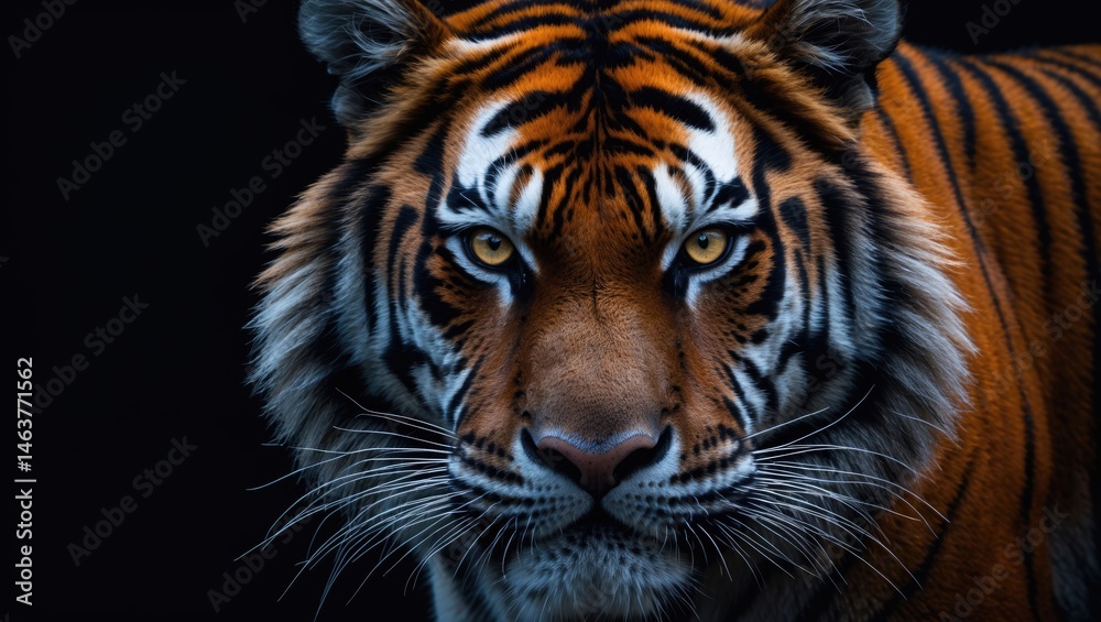 Naklejka premium Wild feline portrait highlighting tiger's gaze and fur on a dark backdrop
