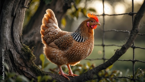 Rustic farm scene featuring a speckled hen close-up near a tree and wire fence emphasizing rural charm