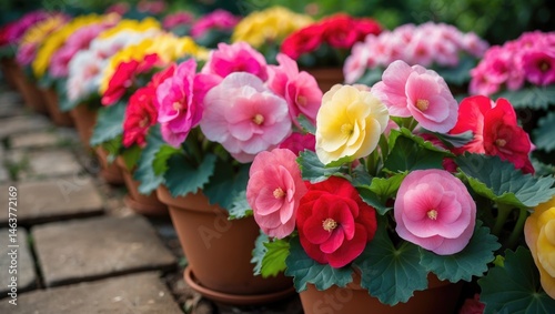 Vivid Begonia tuberous flower macro shot with garden background