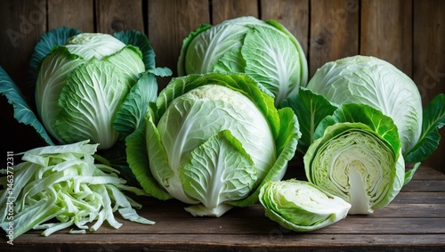Raw white cabbage from organic farming placed on wood surface