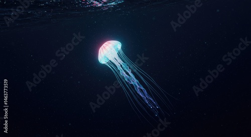 a glowing jellyfish drifting in the dark ocean