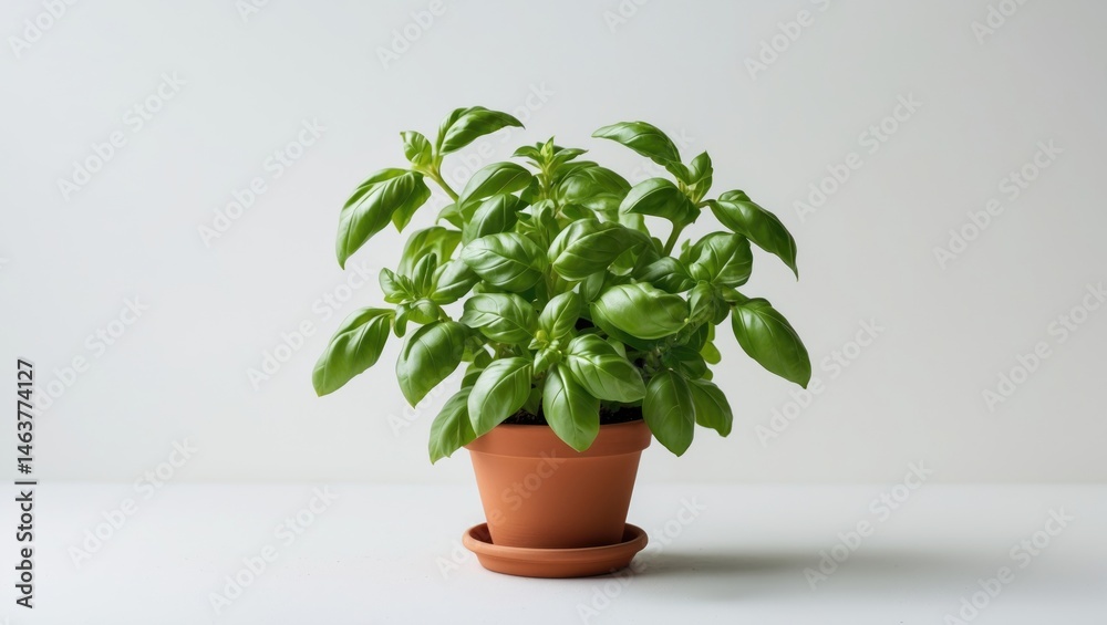 Fototapeta premium Herbal basil plant growing in a clay pot for culinary use