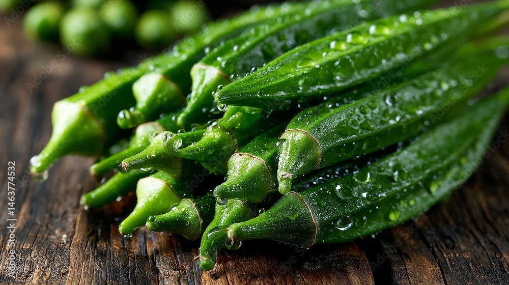 Fresh green ladyfinger vegetables with morning dew drops on rustic wooden table in warm natural sunlight, showcasing organic farm harvest, healthy food, freshness and seasonal produce concept.