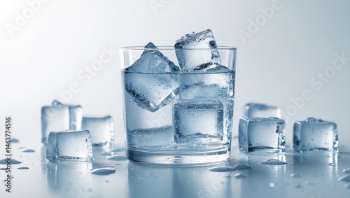 Water in a glass with ice cubes, isolated against a white background featuring copy space