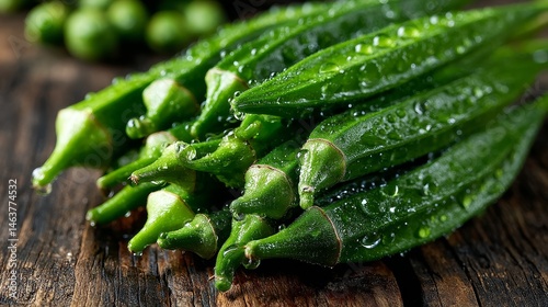 Obraz na płótnie Fresh green ladyfinger vegetables with morning dew drops on rustic wooden table in warm natural sunlight, showcasing organic farm harvest, healthy food, freshness and seasonal produce concept. w salonie