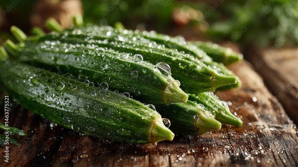Fresh green ladyfinger vegetables with morning dew drops on rustic wooden table in warm natural sunlight, showcasing organic farm harvest, healthy food, freshness and seasonal produce concept.