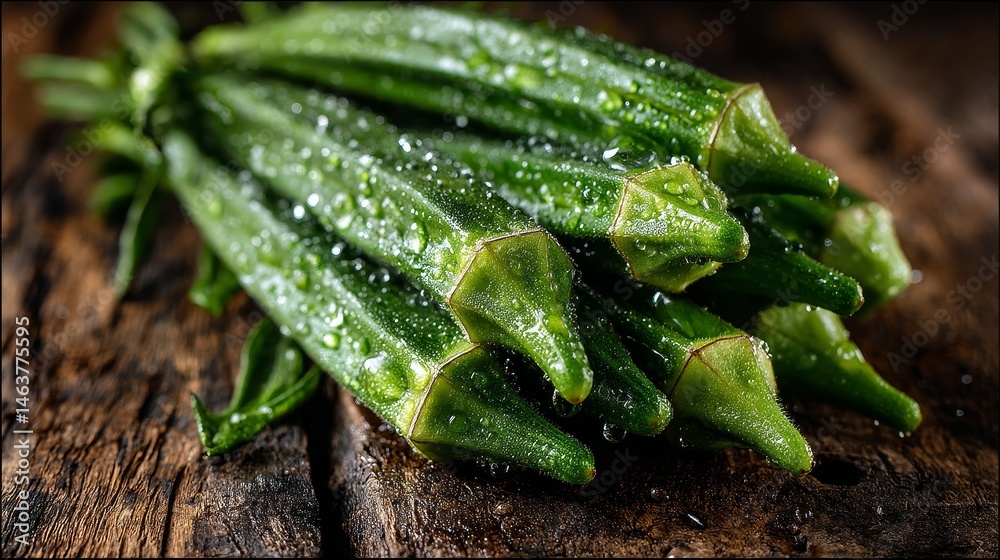 Fresh green ladyfinger vegetables with morning dew drops on rustic wooden table in warm natural sunlight, showcasing organic farm harvest, healthy food, freshness and seasonal produce concept.
