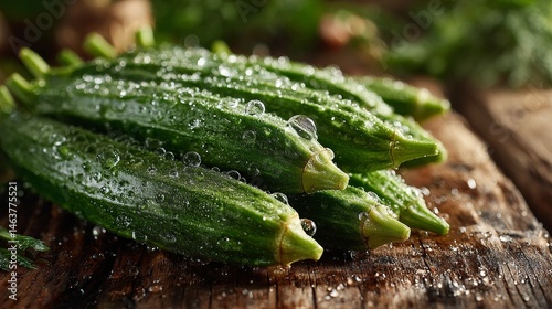 Fresh green ladyfinger vegetables with morning dew drops on rustic wooden table in warm natural sunlight, showcasing organic farm harvest, healthy food, freshness and seasonal produce concept.