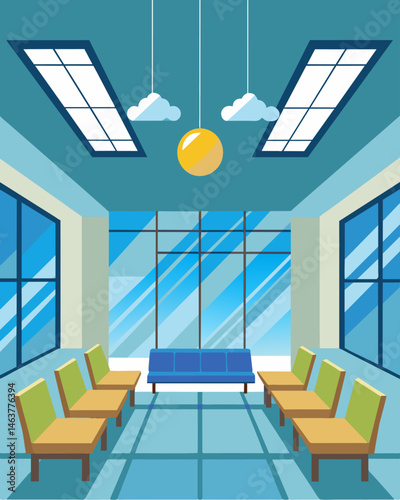 The bright and airy waiting area providing customers with plenty of natural light again thanks to the solar panels above.. Vector illustration