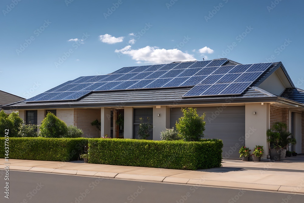 Naklejka premium Modern Suburban Home with Solar Panels on Roof under Blue Sky