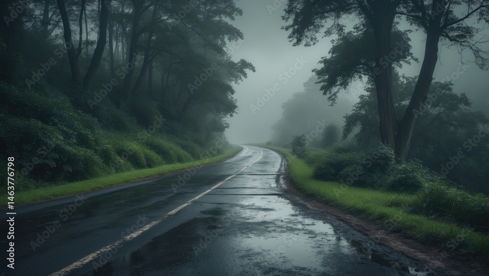 Fototapeta premium Old broken road bordered by trees on both sides