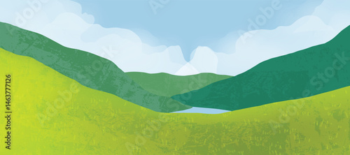 Abstract landscape background vector. Panorama view wallpaper in minimal design with river, mountain, sky. Illustration for print, interior, wall art, decoration, cover, banner.