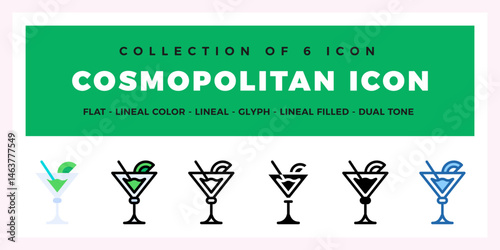 Cosmopolitan Cocktail Icon Set. Flat. Lineal. Glyph Styles