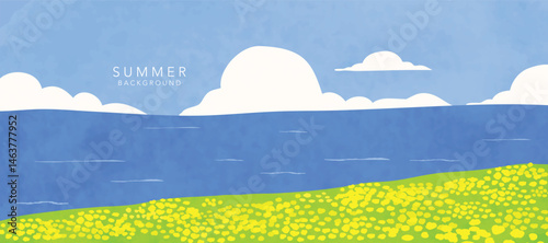 Abstract landscape background vector. Panorama view wallpaper in minimal design with sea, flower, mountain, sky. Illustration for print, interior, wall art, decoration, cover, banner.