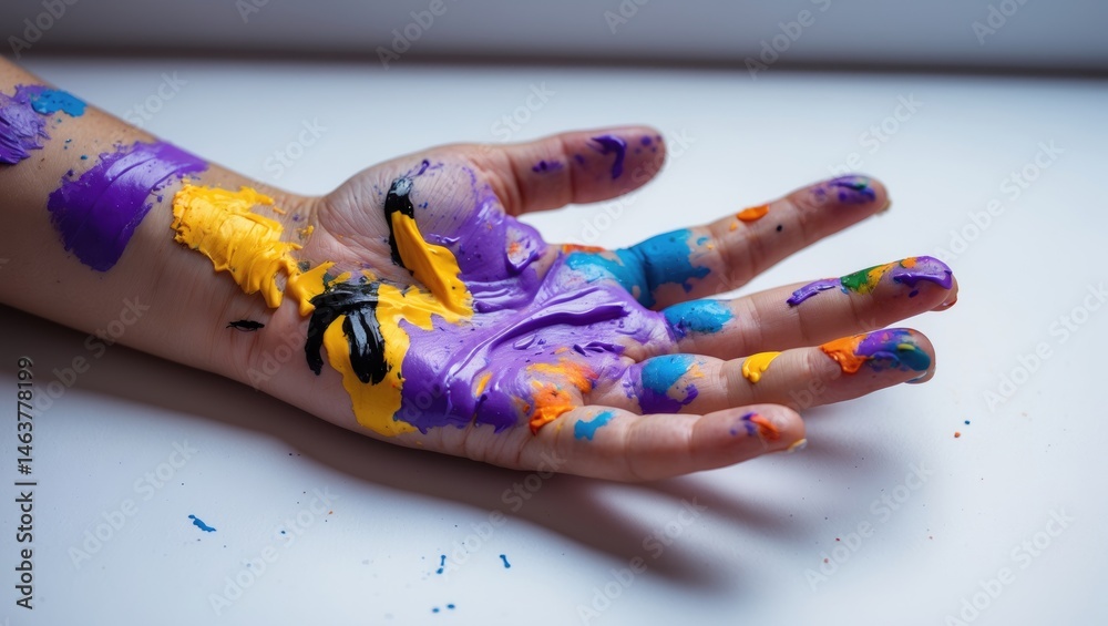 Obraz premium Child's hand with colorful paint on fingers