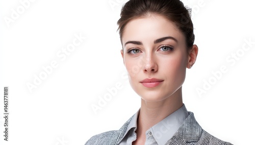 Confident young woman in business attire on white background.