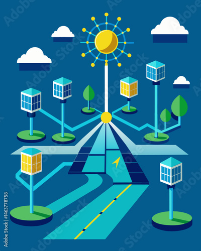 Miles of interconnected solar roadways creating a giant sustainable power grid.. Vector illustration