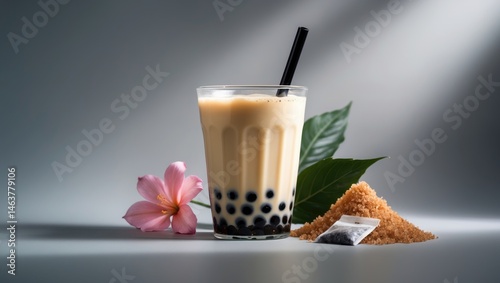 A cup of Bubble tea featuring brown sugar and tea bags with flowers in the background