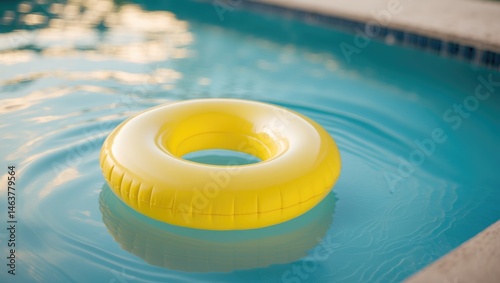 Yellow inflatable pool float ring moving in a refreshing blue swimming pool.