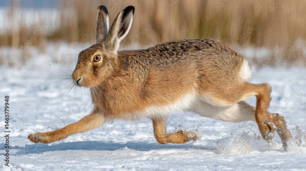 Obraz premium Running Brown Hare in a Snowy Landscape Captured in Dynamic Motion Under Natural Light Conditions