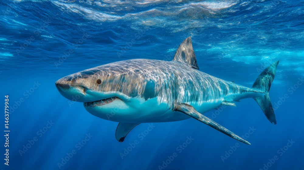 Fototapeta premium Majestic Great White Shark Swimming Gracefully in Clear Blue Ocean Waters Underplay of Sunlight Rays