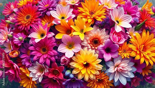 Vibrant digital painting of a lush, colorful floral bouquet bursting with blooms, summer,  beautiful flowers