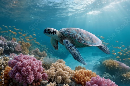 Fototapeta Naklejka Na Ścianę i Meble -  A turtle swimming over a coral reef in the ocean
