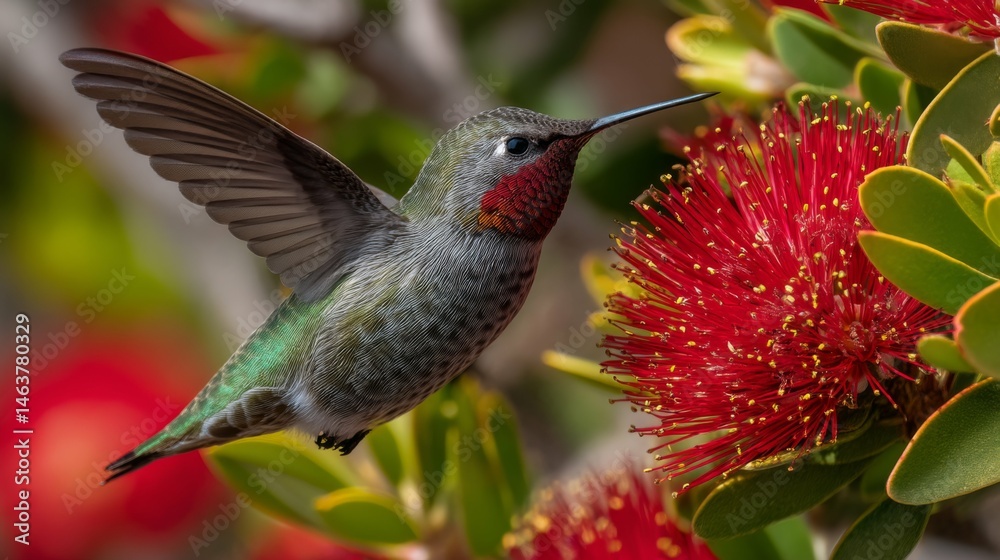 Fototapeta premium Vibrant Hummingbird Hovering Near Bright Red Blossom in Natural Environment at Daylight