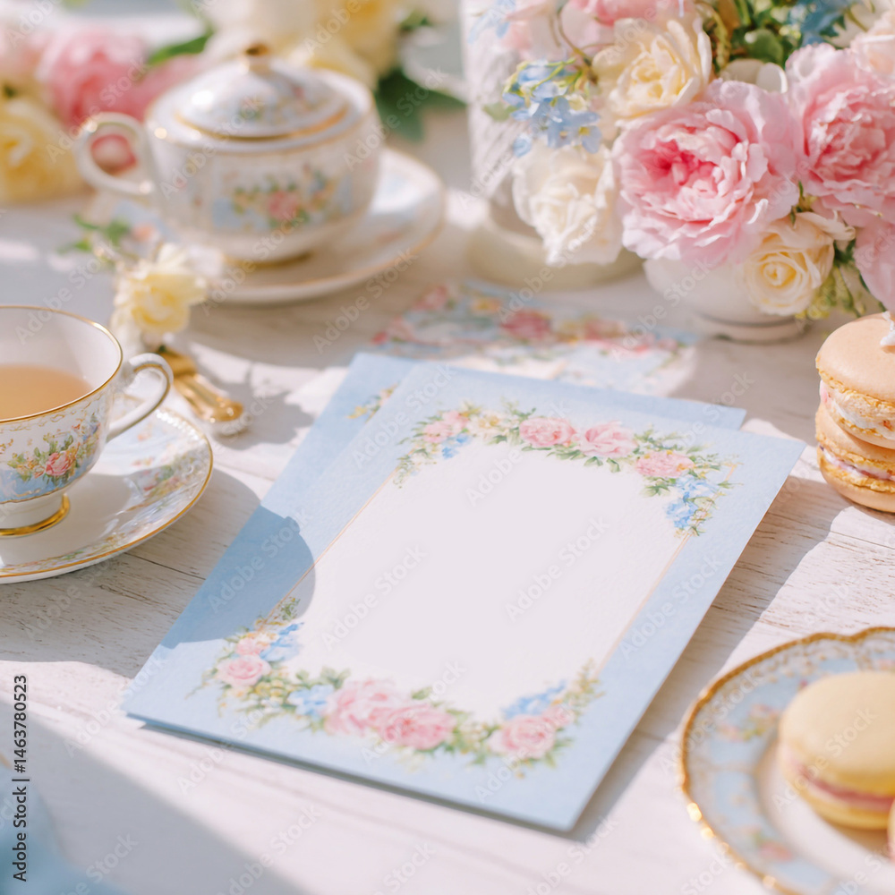 Fine Art Mockup of Card with Floral Tea Ceremony, French Morning Style Fine Art Mockup of Card with Floral Tea Ceremony, French Morning Style